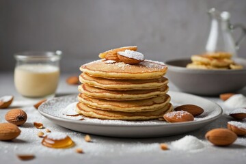 Almond Flour Pancakes: Top-down view of almond flour pancakes neatly stacked and garnished with a sprinkle of powdered sugar.