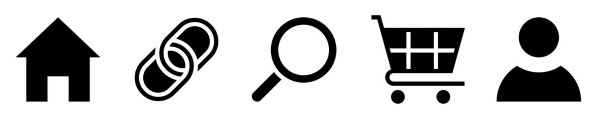 Website elements icon set. Home, start, link, hyperlink, magnifying glass, shopping cart, user or profile. Solid icons. Vector illustration