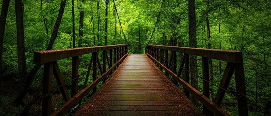 Obraz premium Wooden Bridge Leading Through a Verdant Forest