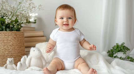 Baby girl wearing white onesie sitting on white blanket smiling