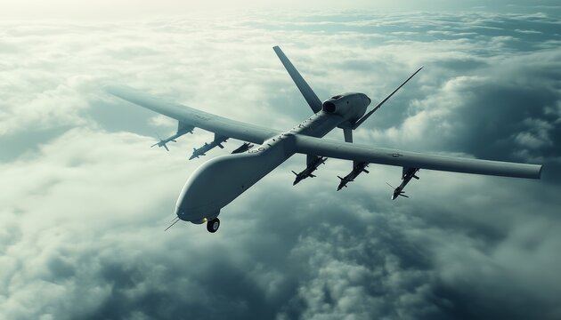 Aerial view of an unmanned combat drone soaring in the sky, showcasing military technology
