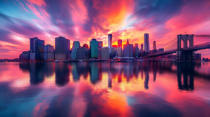 Vibrant City Skyline with Colorful Sunrise and Bridge Reflection