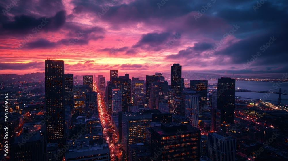 Poster Cityscape at Dusk with a Bridge and Purple Sky