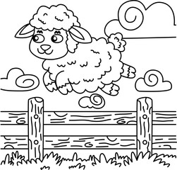 Drawing outline of sheep jumping a wooden fence.eps