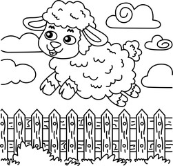 Drawing outline of a sheep jumping a wooden fence in the middle of nature.eps