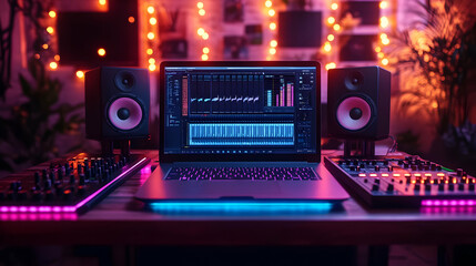 3D Icon Laptop with Holographic Music Production Software - Create Music Concept with Camera Zoom into Screen, Home Office Setup with Glowing Elements and Copy Space for Creative Tech Environment - Is