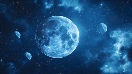 Fototapeta premium A conceptual and surreal image depicting the moon forming an abstract geometric pattern in the night sky with multiple smaller moons orbiting gracefully around it