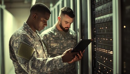 Diverse military professionals working together in a server center with tablets and laptops