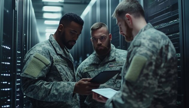 Diverse male military colleagues collaborating in a server center using tablets and laptops