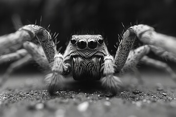 Fototapeta premium A black and white close-up photograph of a spider showcasing its intricate facial features and hairy legs in dramatic detail on a blurred background