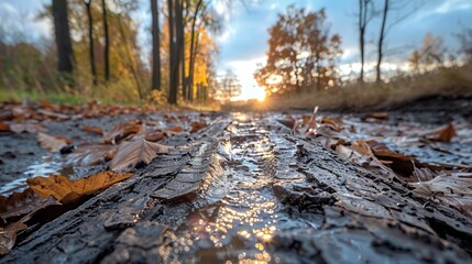 Autumnal forest trail with morning sunlight reflecting off the water-filled tire tracks surrounded by fallen leaves and trees in the background
