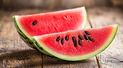 a sliced watermelon with juicy red flesh and black seeds on a rustic wooden table