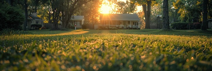 A beautiful sunrise in a peaceful suburban neighborhood with light filtering through trees and illuminating a well-maintained green lawn, creating a serene and idyllic atmosphere