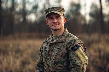 Portrait of a joyful us army soldier in boot camp, standing proudly against a scenic field