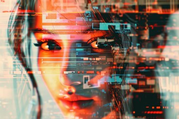 Fototapeta premium Close-up of a woman's face with a cityscape visible behind her