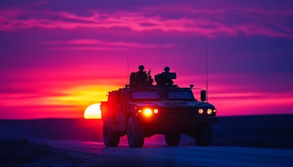 Silhouetted military patrol car against sunset  soldiers prepare for action in artistic depiction