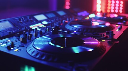 Obraz premium DJ turntables with vinyl records spinning, surrounded by colorful LED lights and a mixing console