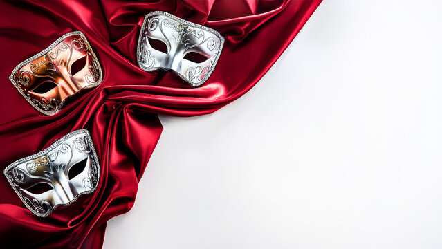 Marco de tela roja rub&iacute; brillante con mascaras de teatro