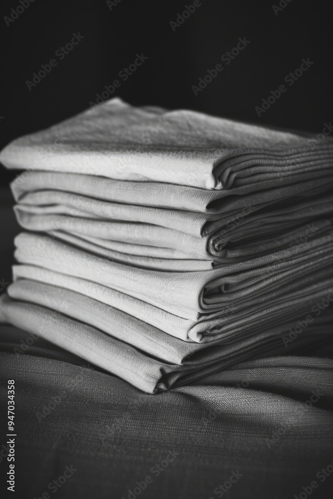 Poster a collection of folded towels arranged neatly on a table, ideal for use in interior design or lifest
