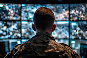 Military surveillance officer tracking operations in cyber control hub for national security