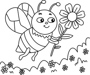 Drawing outline bee carrying a flower in its hands.eps
