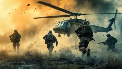 Military soldiers urgently sprinting toward helicopter in intense battlefield environment