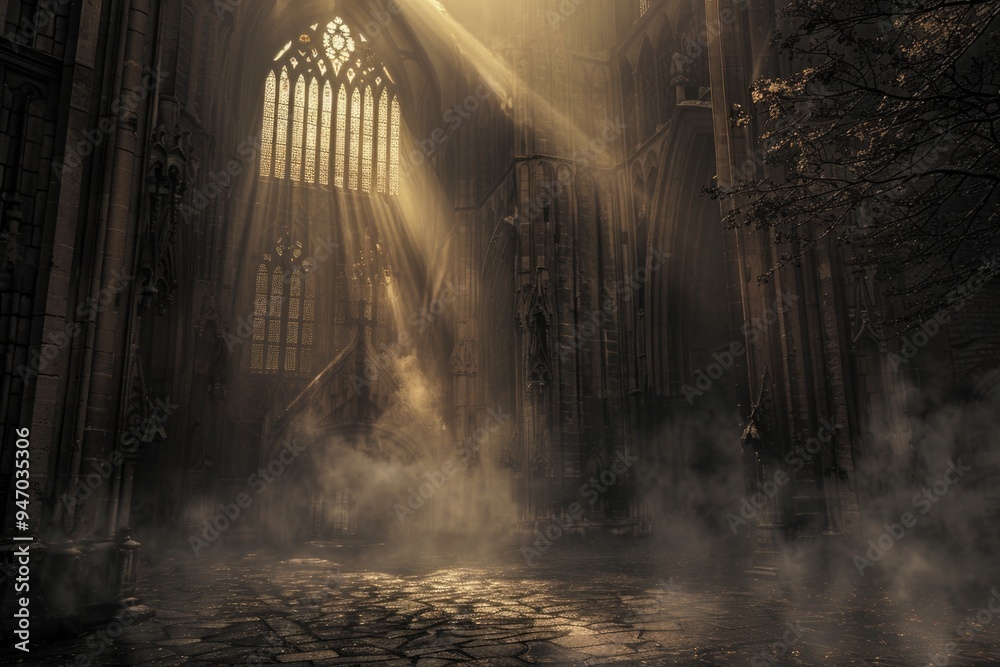 Poster A view from inside a cathedral showing sunlight shining through the windows