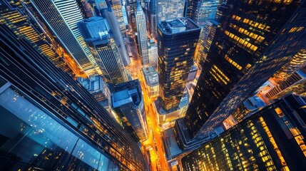 Aerial View of Illuminated Skyscrapers at Night