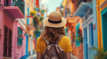 Obraz premium A woman wearing a straw hat and a yellow shirt is walking down a colorful street