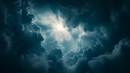 Fototapeta premium A conceptual image of the sun breaking through thick clouds with rays of light piercing the darkness and casting a dramatic ethereal glow The image evokes a sense of tranquility and enlightenment