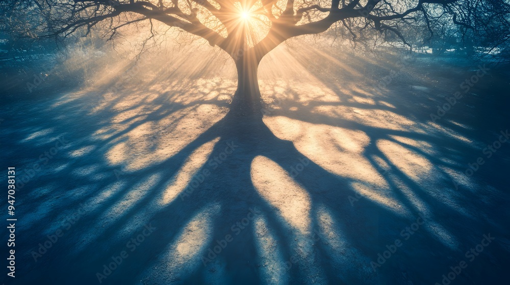 Poster sunlight filtering through the intricate branches of a tree casts a mesmerizing pattern of shadows a