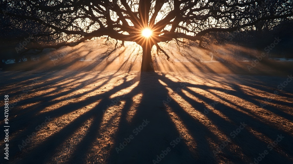 Poster conceptual image showcasing the sun breaking through the branches of a tree casting intricate patter