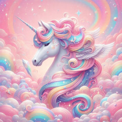 Unicorn colorful cloud background, rainbow pattern, glitter texture, pastel fantasy design, universe holographic style	