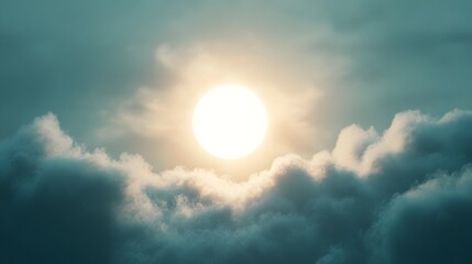 A conceptual image of the sun gradually being obscured by clouds with only faint light peeking through creating a moody and serene atmospheric scene