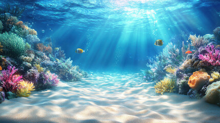 Obraz premium An ultra-realistic underwater scene featuring clear blue water, vibrant coral reefs, and colorful fish swimming gracefully in the background. The sun's rays pierce through the water, casting gentle 