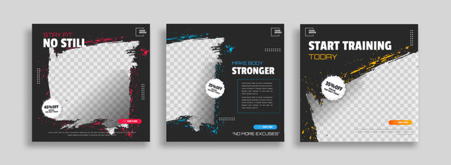 Set of Gym Fitness social media post design template. Suitable for social media, flyers, banner, and web.
