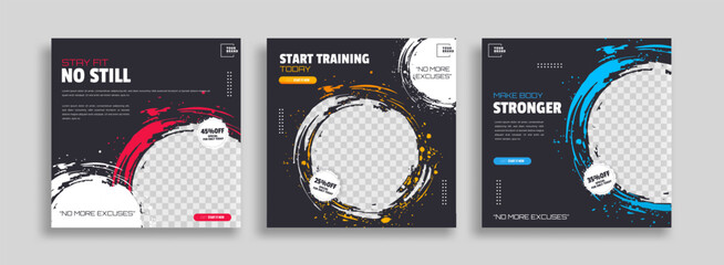Set of Gym Fitness social media post design template. Suitable for social media, flyers, banner, and web.