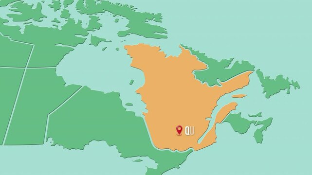 Mapa de Canad&aacute; con divisi&oacute;n pol&iacute;tica resaltando el territorio de Quebec.