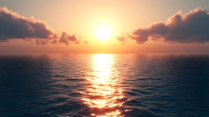 Obraz premium Breathtaking sunset over the vast shimmering ocean creates a serene and ethereal landscape with the light reflecting off the gently lapping waves and casting a warm glowing hue across the horizon