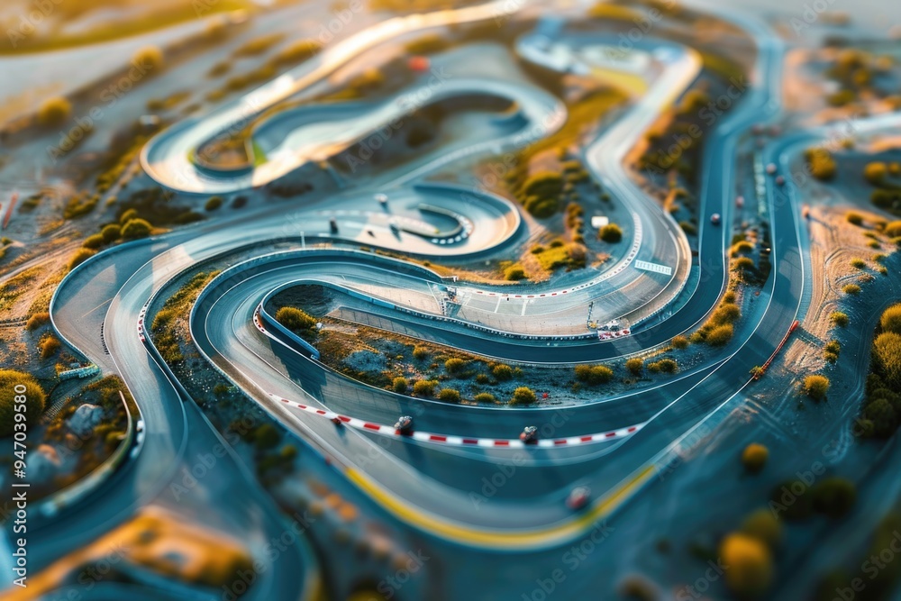 Poster aerial view of a winding road with trees and hills in the background