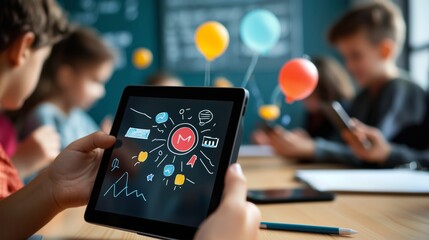Child Using Tablet with Hand Drawn Icons and Balloons in Background