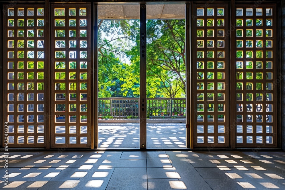 Poster a large open door leading to a patio, suitable for use in interior design and architecture photoshoo