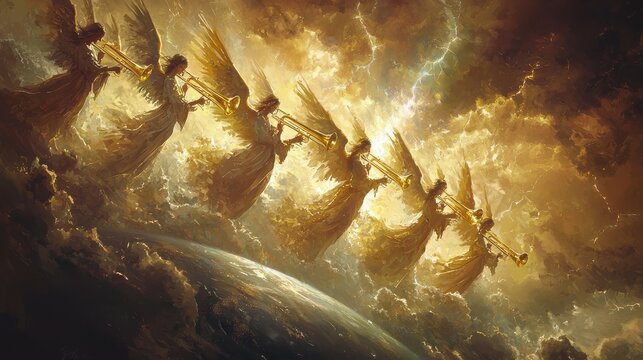 Create a powerful and symbolic image featuring seven angels, each holding and blowing a trumpet