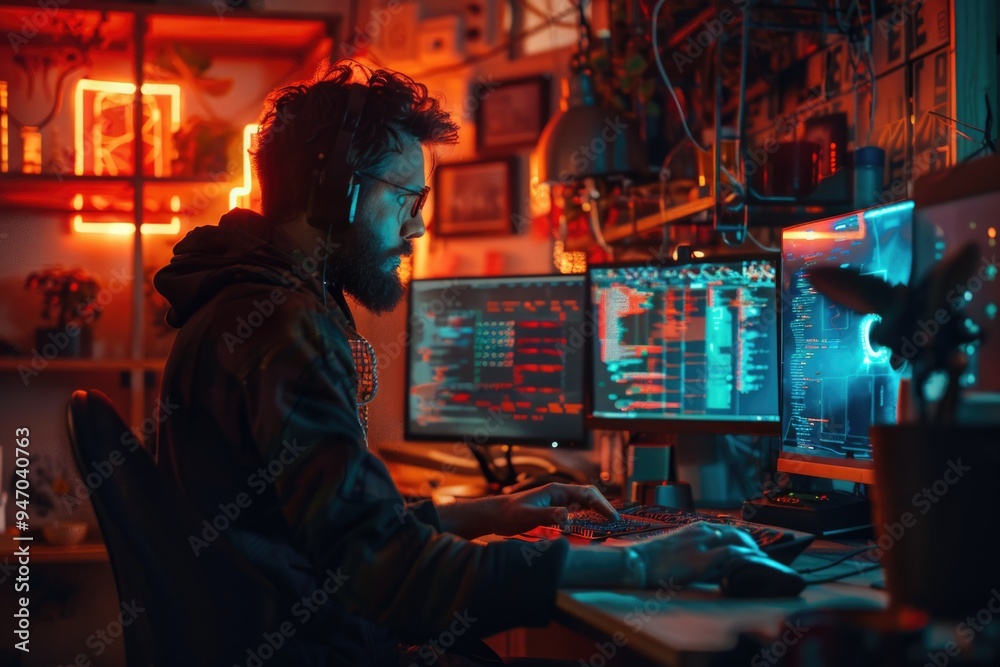 Aufkleber a person sitting at a desk with two computer monitors and typing away