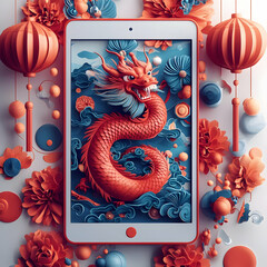 Fantasy Mid-Autumn Festival Tablet with Holographic Dragons and Lanterns - Top-Down View on White Background, Copy Space - Simple Flat Vector Illustration