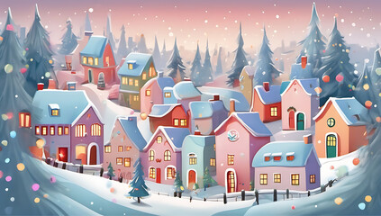 whimsical pastel cartoon Christmas village snow winter Holiday town