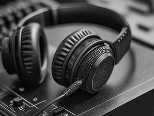Headphones with cord resting on a desk, ready for use