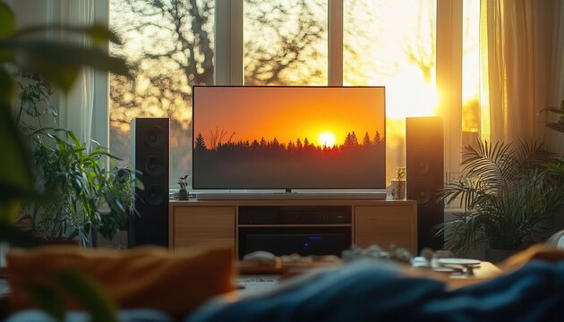 Home theater system in a cozy living room, set up for an immersive experience