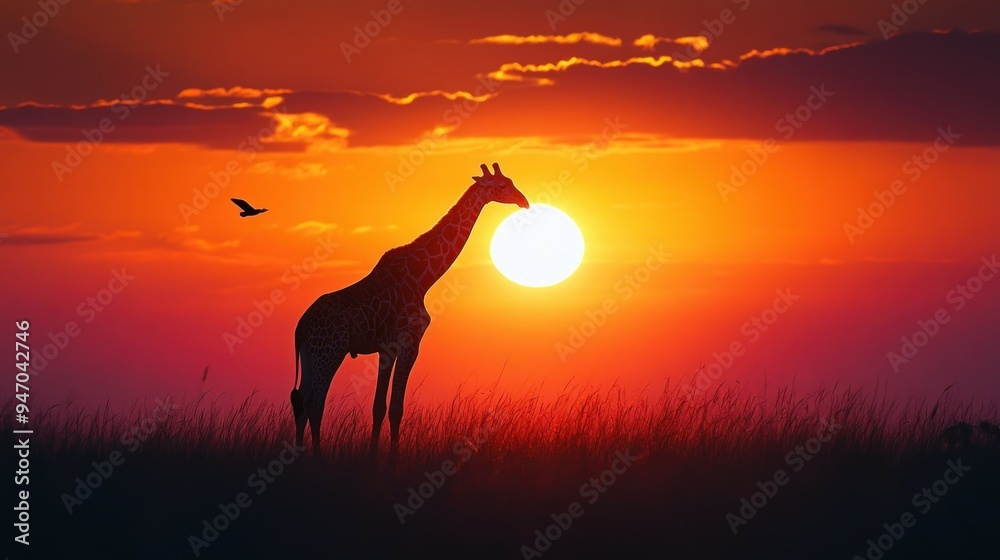 Canvas Prints Silhouette of a Giraffe with the Sun Setting Behind it