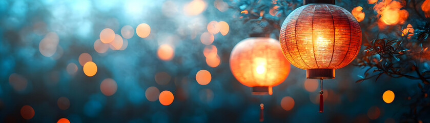 Obraz premium Vibrant Lantern Display in Glowing Abstract: Mid Autumn Festival Lights with Dynamic Patterns and Colors - Wide Shot Photography for Photo Stock Concept
